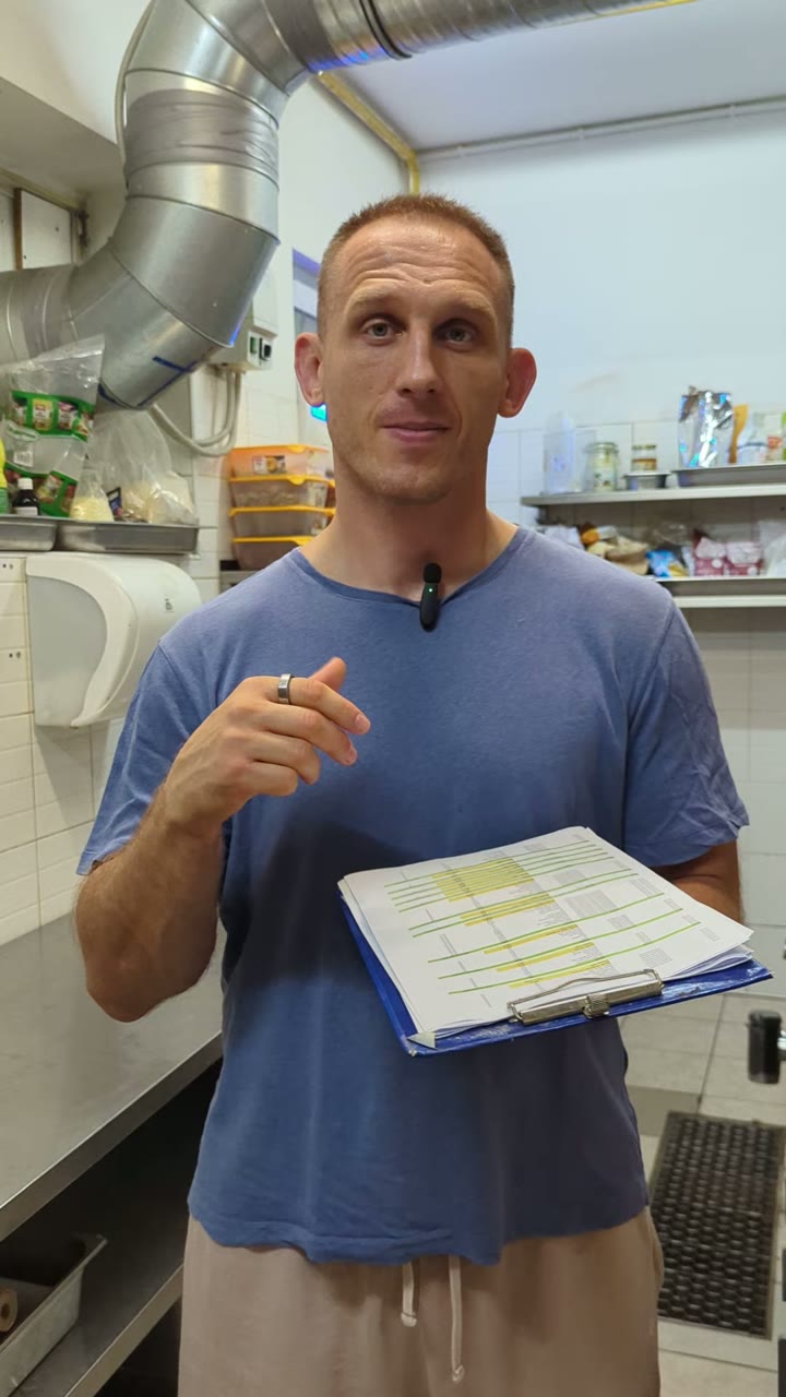 The founder in his production kitchen holding a printed food-cost production sheet