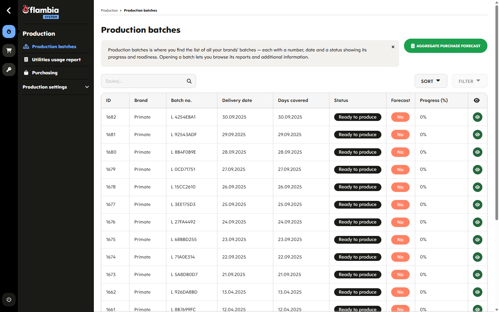 Production batch list, well over a thousand runs on record