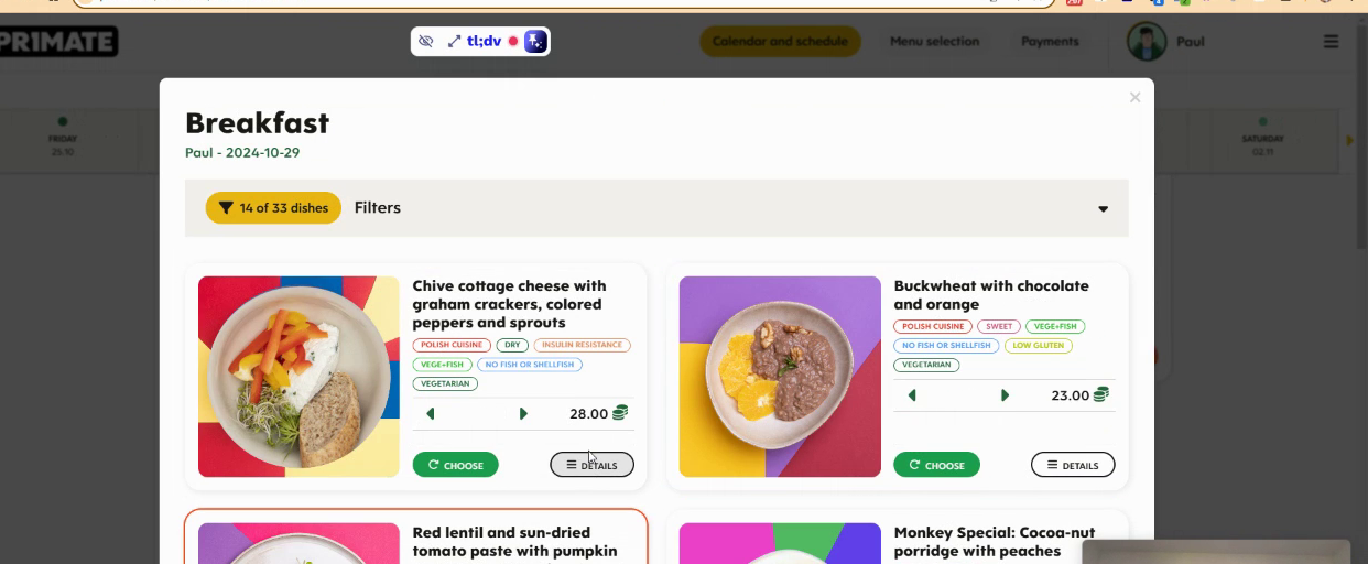 Customer storefront daily menu: dishes with photos, macros, allergen tags and prices