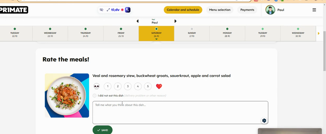 Customer rating a meal one to five stars with a comment box
