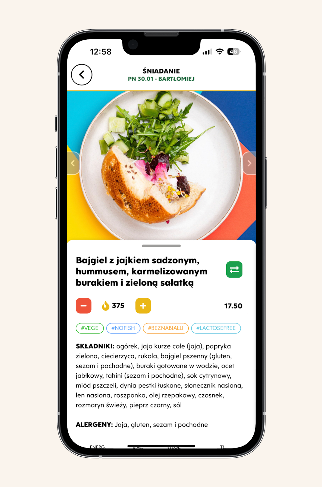 Flambia Food app: a dish detail with photo, macros and allergens