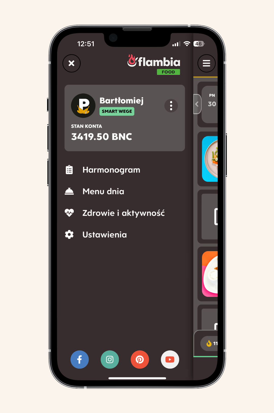 Flambia Food app: home screen with meal categories
