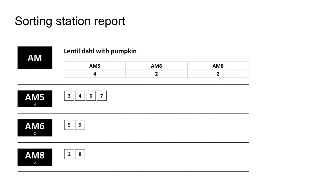 Auto-generated sorting report: meals grouped into boxes for the sort station