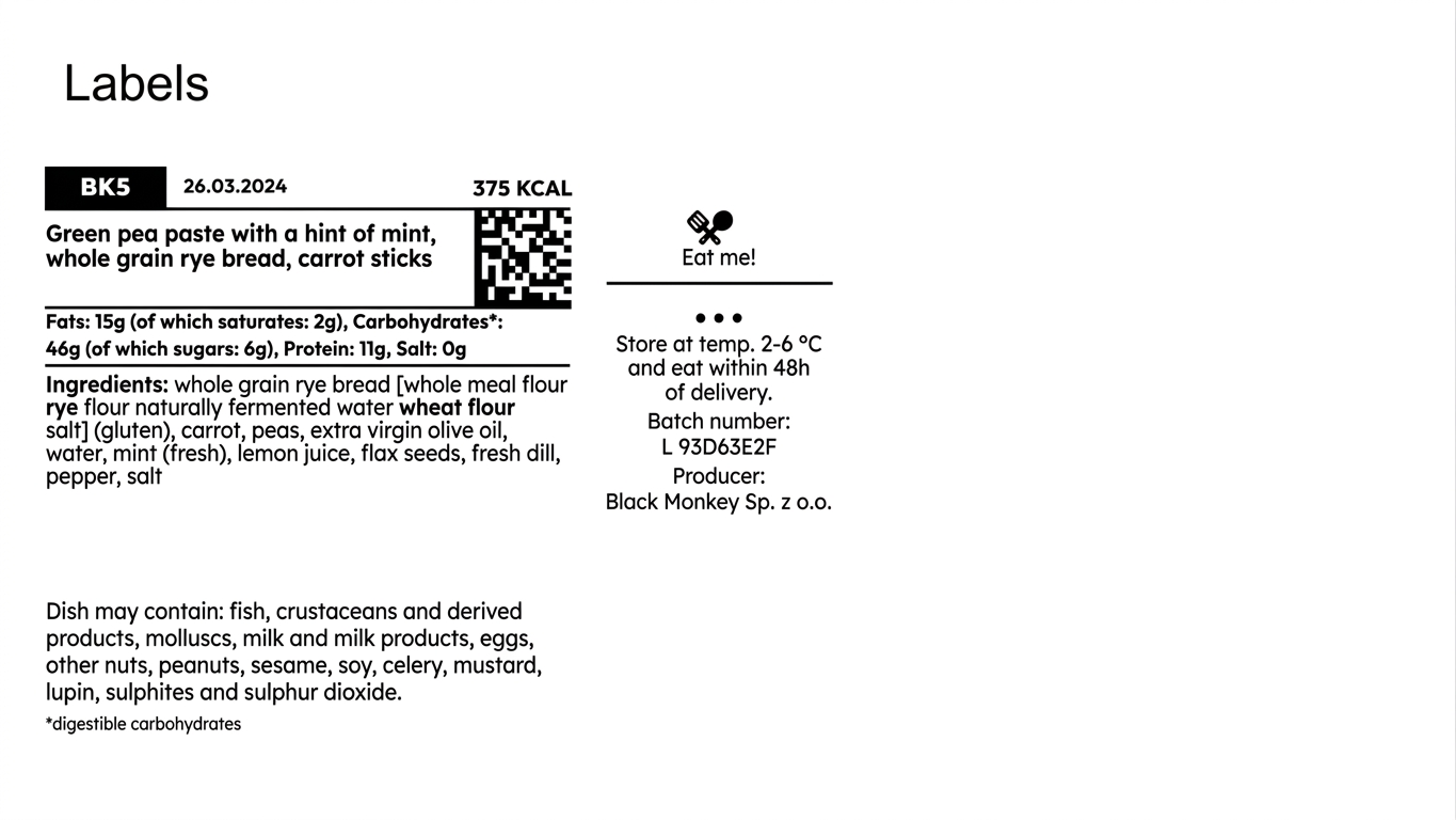 Auto-generated meal and bag labels with macros, allergens and a scannable code