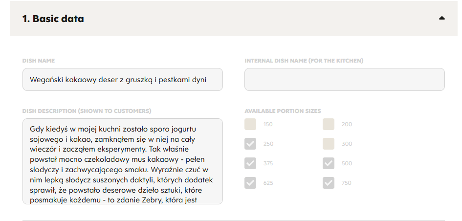 Dish builder form: name, customer description, available portion sizes, diets, tags, allergen exclusions and price group