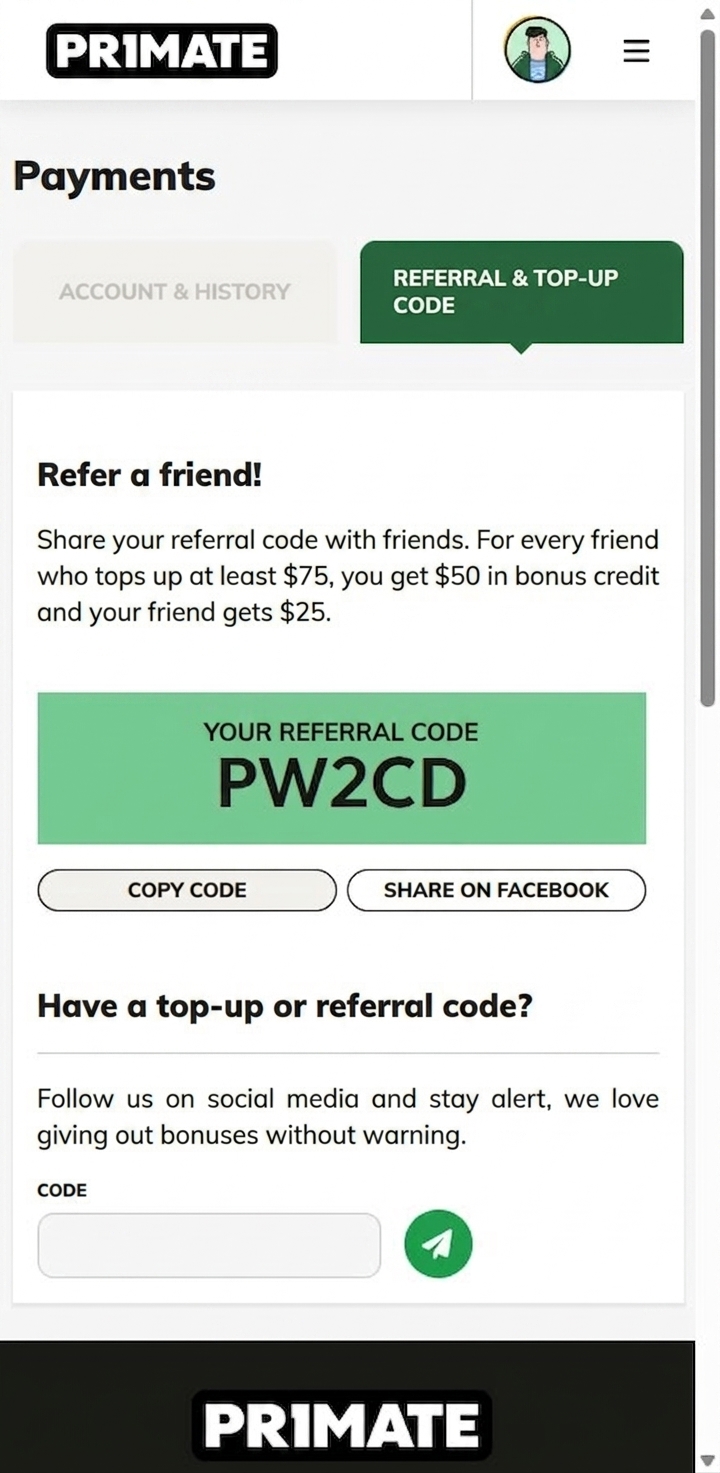 Customer account referral tab: a personal referral code that rewards both the customer and the friend they bring