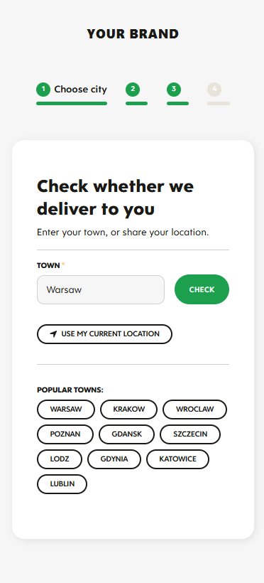 Mobile checkout step 1: the customer checks whether you deliver to their town