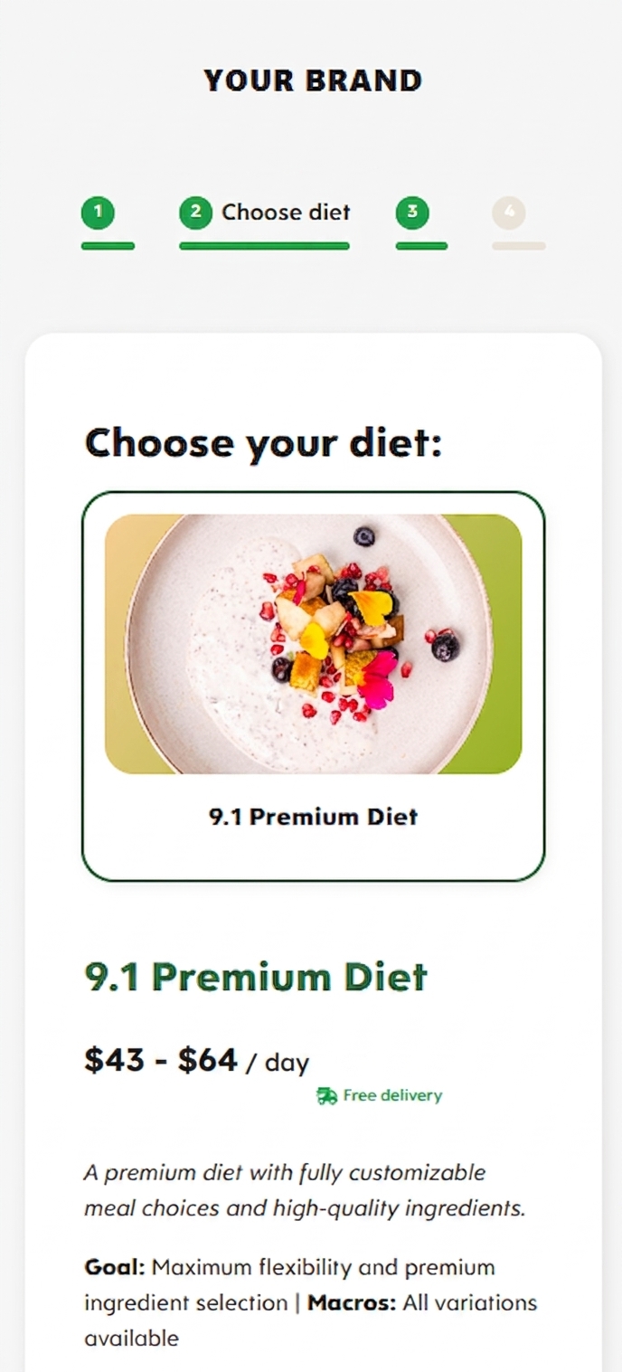 Mobile checkout step 2: the customer picks a diet and calories, with the price per day shown