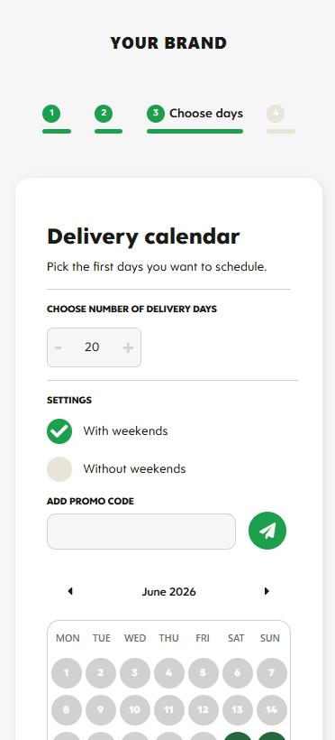 Mobile checkout step 3: the customer chooses how many delivery days and which dates